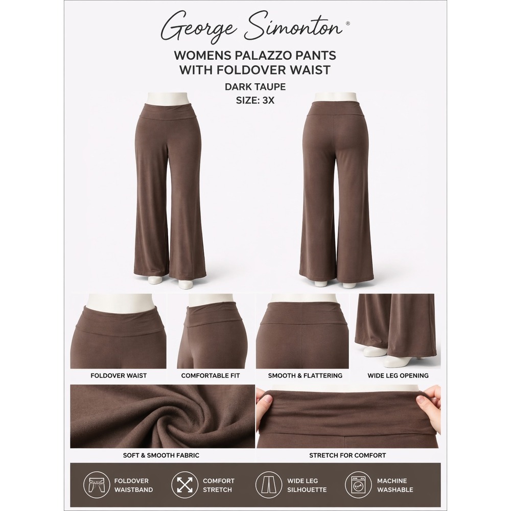 George Simonton Womens 3X Dark Taupe Palazzo Pants Foldover Waist A229338 NEW